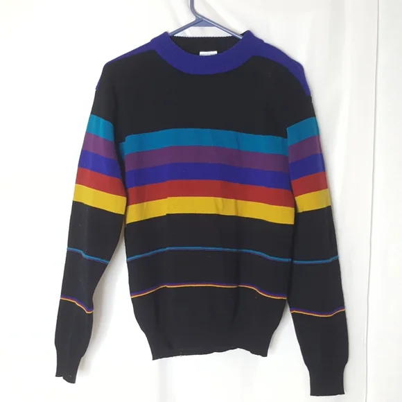 Vintage black sweater with rainbow prism stripes - Picture 2 of 4